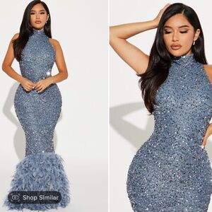 Zoey Feathered Sequin Gown - Grey
